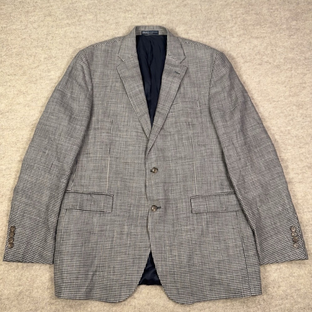 VTG Polo Ralph Lauren Sport Coat 44R Houndstooth Silk / Linen /Rayon Made Italy